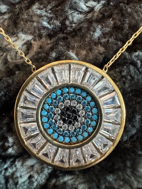 925 Sterling Silver Gold Evil Eye Necklace Crystal Turquoise Pendant Turkey - Picture 3 of 8